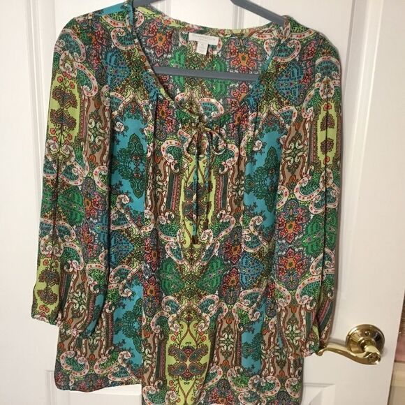 Charter Company Women’s Blouse in PL with 3/4 sleeve aqua, green, pink print - Picture 1 of 12